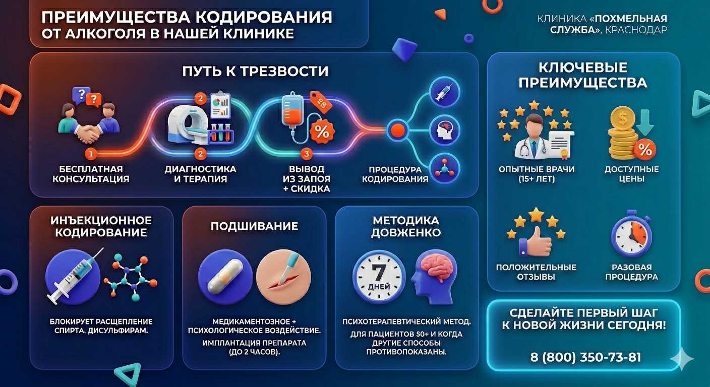 Инфографика о методах кодирования от алкоголя в Грозном: инъекции, подшивание, метод Довженко. Преимущества клиники и этапы лечения.