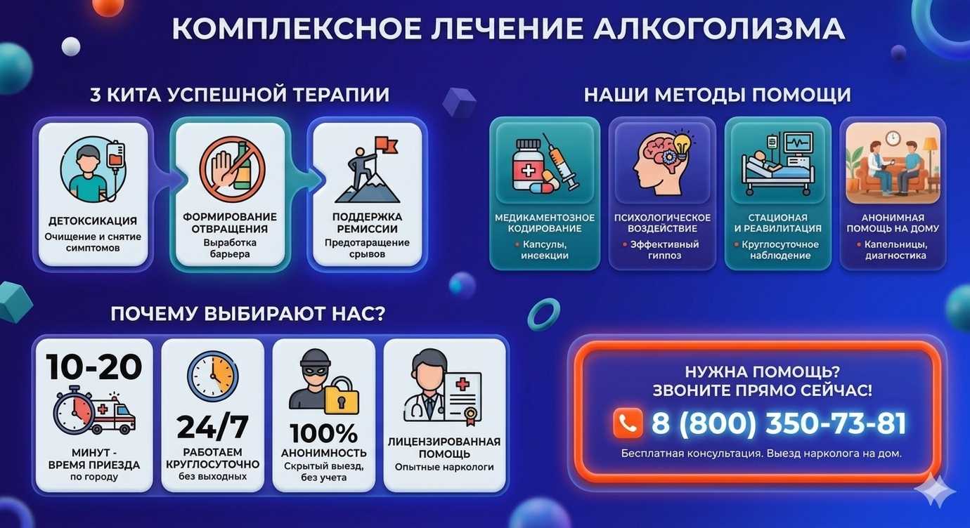 Инфографика о методах лечения алкоголизма в Грозном: детоксикация, кодирование и анонимная помощь на дому от клиники Похмельная служба.