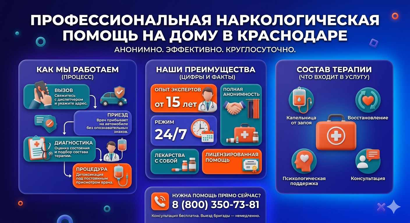 Инфографика о принципах лечения алкоголизма на дому в Грозном: этапы вызова нарколога, преимущества анонимной детоксикации и состав медицинской помощи.